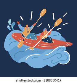 Cartoon vector illustration of Canoeing of couple rowing canoe boat. Canoeing, extreme water sports, canoe adventures over dark backround.