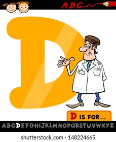 Cartoon Vector Illustration of Capital Letter D from Alphabet with Doctor for Children Education