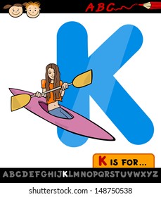 Cartoon Vector Illustration of Capital Letter K from Alphabet with Kayak for Children Education