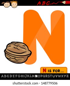 Cartoon Vector Illustration of Capital Letter N from Alphabet with Nut for Children Education