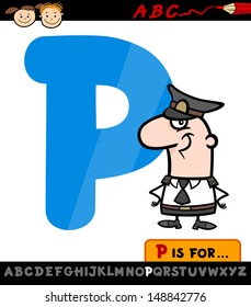 Cartoon Vector Illustration of Capital Letter P from Alphabet with Policeman for Children Education