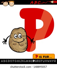 Cartoon Vector Illustration of Capital Letter P from Alphabet with Potato for Children Education