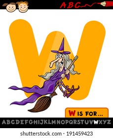 Cartoon Vector Illustration of Capital Letter W from Alphabet with Witch for Children Education