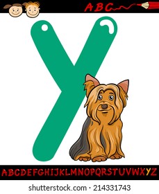Cartoon Vector Illustration of Capital Letter Y from Alphabet with Yorkshire Terrier Dog Animal for Children Education