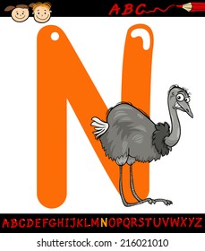 Cartoon Vector Illustration of Capital Letter N from Alphabet with Nandu Bird Animal for Children Education