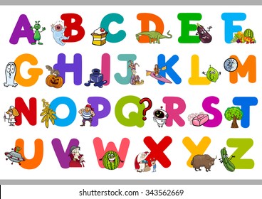 Cartoon Vector Illustration of Capital Letters Alphabet Set for Kindergarten Reading and Writing Education