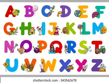 Cartoon Vector Illustration of Capital Letters Alphabet with Objects for Reading and Writing Education for Preschool Children