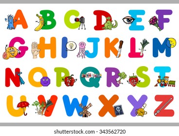 Cartoon Vector Illustration of Capital Letters Alphabet Set with Objects for Preschool Children Education