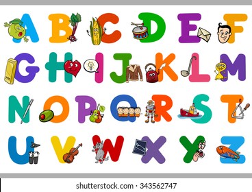 Cartoon Vector Illustration of Capital Letters Alphabet Set with Objects for Reading and Writing Education for Preschoolers