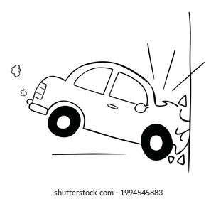 Cartoon Vector Illustration Of Car Accident, Crashing Into The Wall. Black Outlined And White Colored.