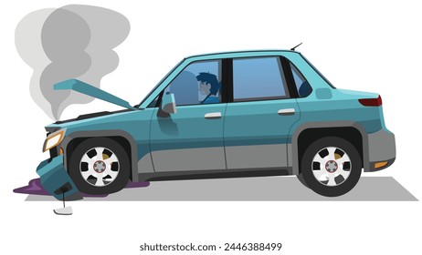 Cartoon Vector or Illustration of car accident. Driver was trapped inside with the airbag deployed. Broken front bumperHood opened and smoke came out and oil leaked. Isolated white background.