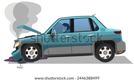 Cartoon Vector or Illustration of car accident. Driver was trapped inside with the airbag deployed. Broken front bumperHood opened and smoke came out and oil leaked. Isolated white background.