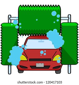 Cartoon vector illustration of a car inside a car wash