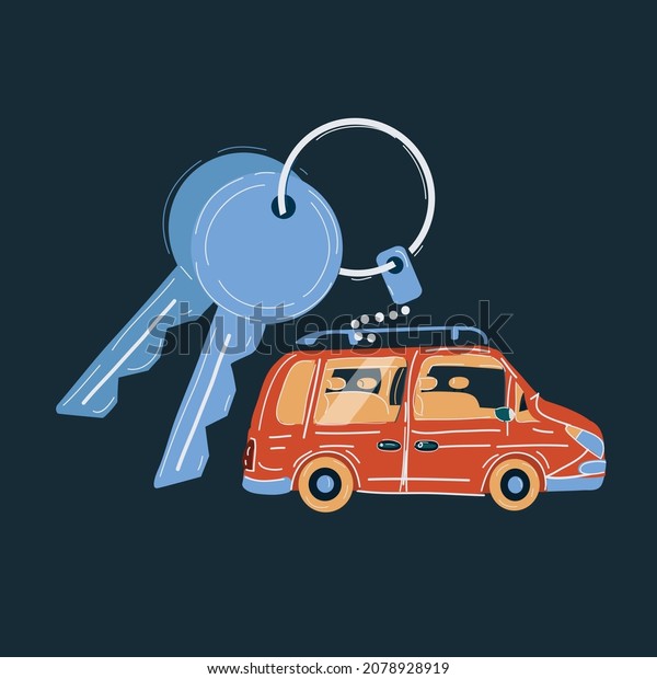 Cartoon vector illustration of car key on\
dark background.