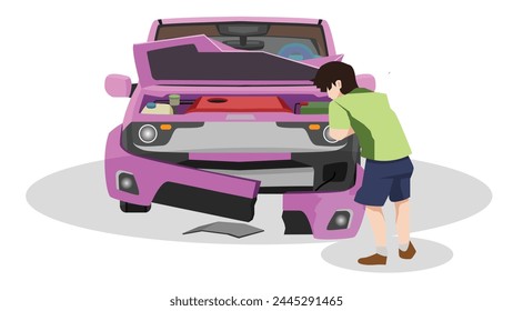 Cartoon Vector or Illustration of car.  Pink car accident with broken front bumper and lid. front hood open. Driver stands in front of the car with his arms crossed. Isolated white background.