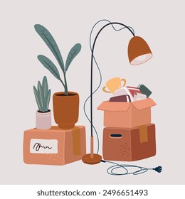 Cartoon vector illustration of Cardboard boxes. Moving concept. Lamp and plant and pack with books.