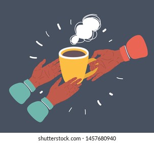 Cartoon vector illustration of care and support concept - close up of reaching hands give hot drink to each other. Help to the needy, humanity, charity, vulnerable sectors of society. Object on dark 