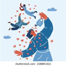 Cartoon vector illustration of Care, Young happy loving happy man woman love themselves. Self caring love and happy people