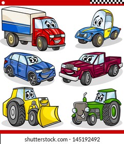 Cartoon Vector Illustration of Cars and Trucks Vehicles and Machines Comic Characters Set for Children