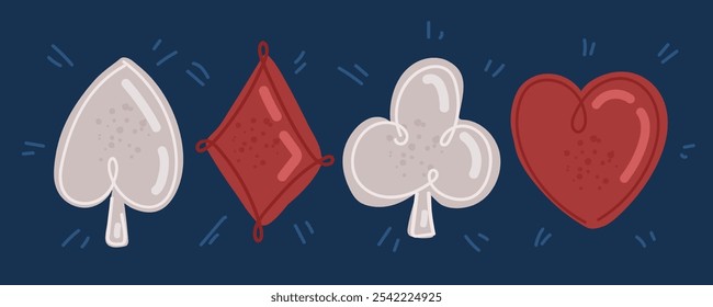 Cartoon vector illustration of Cart suit set. Clubs, hearts, diamonds, spades over dark backround