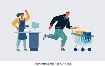 Cartoon vector illustration of Cashier in the apron and buyer, who made purchase. Cash register desk or checkout counter at grocery store. Customer and assistant of a retail shop.