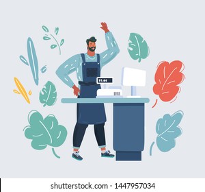 Cartoon vector illustration of Cashier behind the cashier counter in the supermarket, shop, store. Small business concept on white.