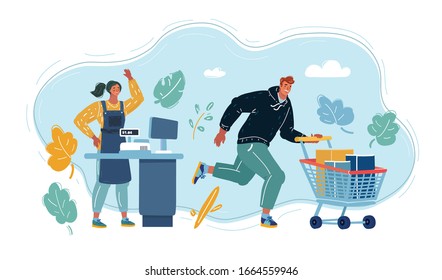 Cartoon vector illustration of cashier and custumer with shopping cart.