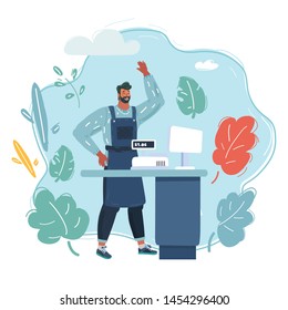 Cartoon vector illustration of cashier stand behind counter at shop.
