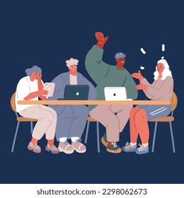 Cartoon vector illustration of Casual teamwork - Diverse team of people working together with computers. Teamwork at table over dark background