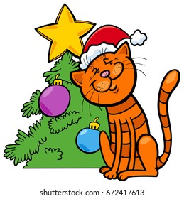 Cartoon Vector Illustration of Cat Animal Character with Christmas Tree