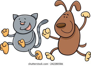 Cartoon Vector Illustration of Cat and Dog Playing Tag