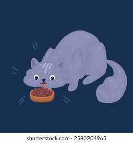 Cartoon vector illustration of cat eating pet food is in bowl over dark backround.