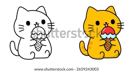Cartoon vector illustration of a cat eating an ice cream cone complete with sketch, suitable as icon or logo, mount as sticker and for colouring book.