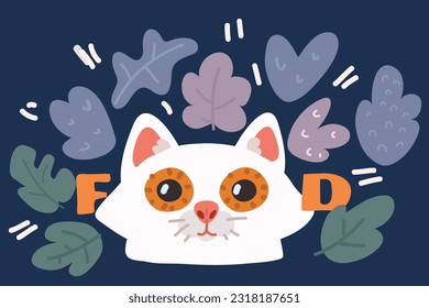 Cartoon vector illustration of Cat food. Choosing the right diet for your cat. Pet care. Allowed and prohibited foods for a cat over drak background