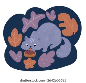 Ilustração de vetor de desenhos animados de gato com comida de felinos sobre fundo escuro