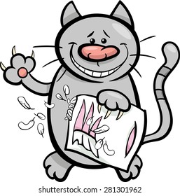 Cartoon Vector Illustration of Cat or Kitten Scratching a Pillow with his Claws