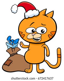 Cartoon Vector Illustration of Cat or Kitten Animal Character with Sack of Presents on Christmas Time