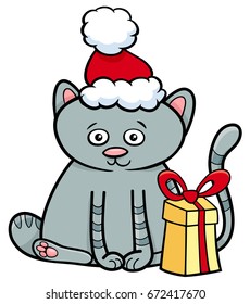 Cartoon Vector Illustration of Cat or Kitten Animal Character with Present on Christmas Time