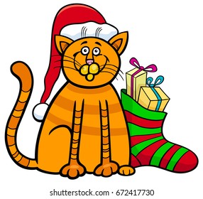 Cartoon Vector Illustration of Cat or Kitten Animal Character and Christmas Sock with Presents