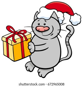 Cartoon Vector Illustration of Cat or Kitten Animal Character with Christmas Gift