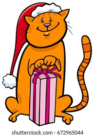 Cartoon Vector Illustration of Cat or Kitten Animal Character with Christmas Present