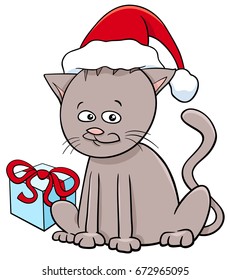 Cartoon Vector Illustration of Cat or Kitten Animal Character with Gift on Christmas Time