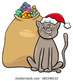 Cartoon Vector Illustration of Cat or Kitten Animal Character with Sack of Christmas Gifts