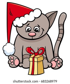 Cartoon Vector Illustration of Cat or Kitten Funny Animal Character with Christmas Present