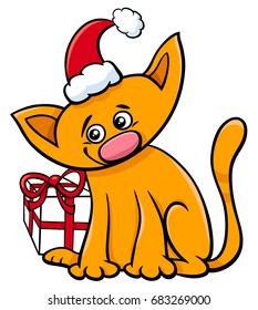 Cartoon Vector Illustration of Cat or Kitten Animal Character with Christmas Present