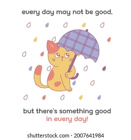 С la ilustración vectorial de dibujos animados con gatos y letras. Un gato lindo con un paraguas bajo la lluvia. Ilustración vectorial con letras de caracteres lindas