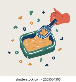 Ilustración vectorial de dibujos animados de la basura de gatos y la mano del inodoro de gatos limpiadores