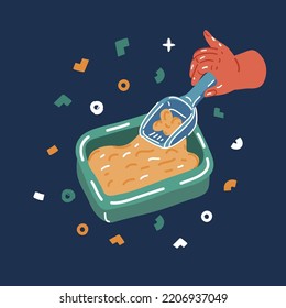 Cartoon vector illustration of cat litters close-up view over dark backround