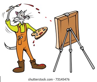 cartoon vector illustration of a cat painter