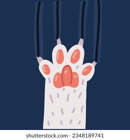 Cartoon vector illustration of cat paw scratching over dark background